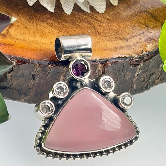 Southwest Jewelry - Sterling Silver 925 Rhodolite Garnet Pink Opal Pendant Southwest Boho New